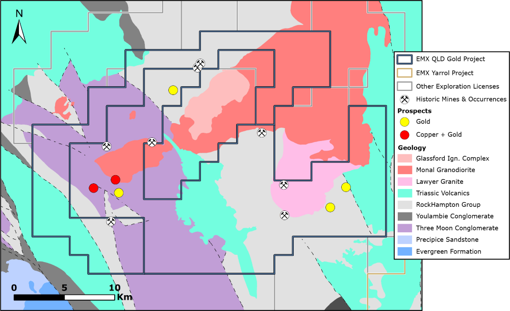 Map of Queensland Gold Project with target areas and historic mine sites.