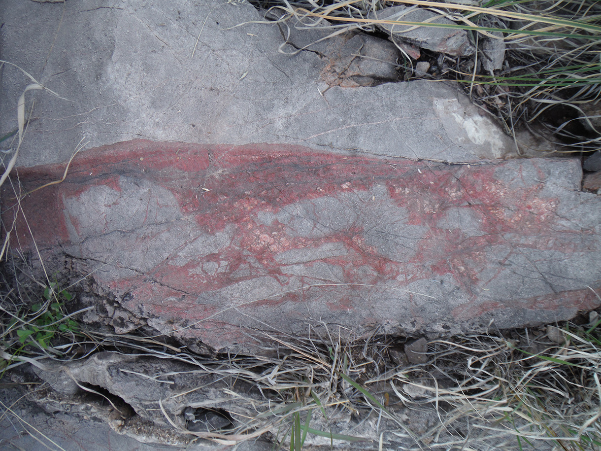 Anastomosing veins and breccia cement in Paleozoic limestone: composed of hematite[sulfide] + sooty manganese