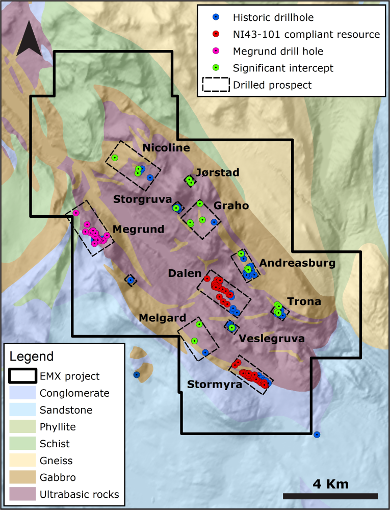 Geological map of Espedalen depicting drilling prospects and drill holes.