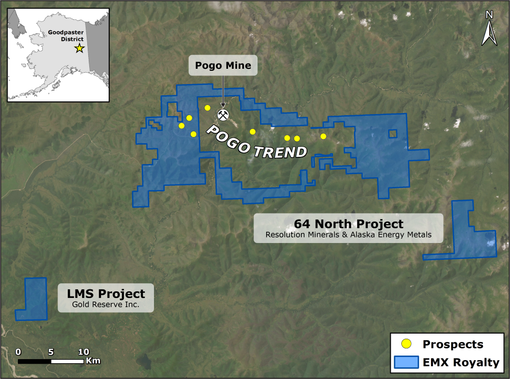 Map of EMX Royalty in Goodpaster District.