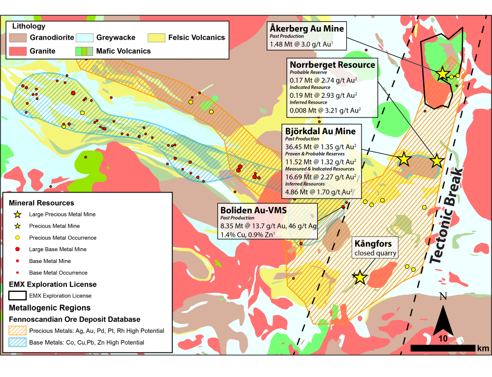 Geologic Map detailing the relationship between EMX’s Åkerberg project and other deposits in the Skellefte district