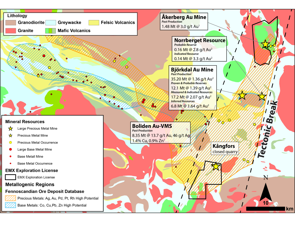 Geological map with mineral occurrences, major mines and mineralized trends.