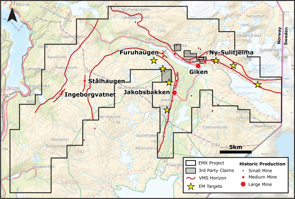 Map showing historic production areas and targets.