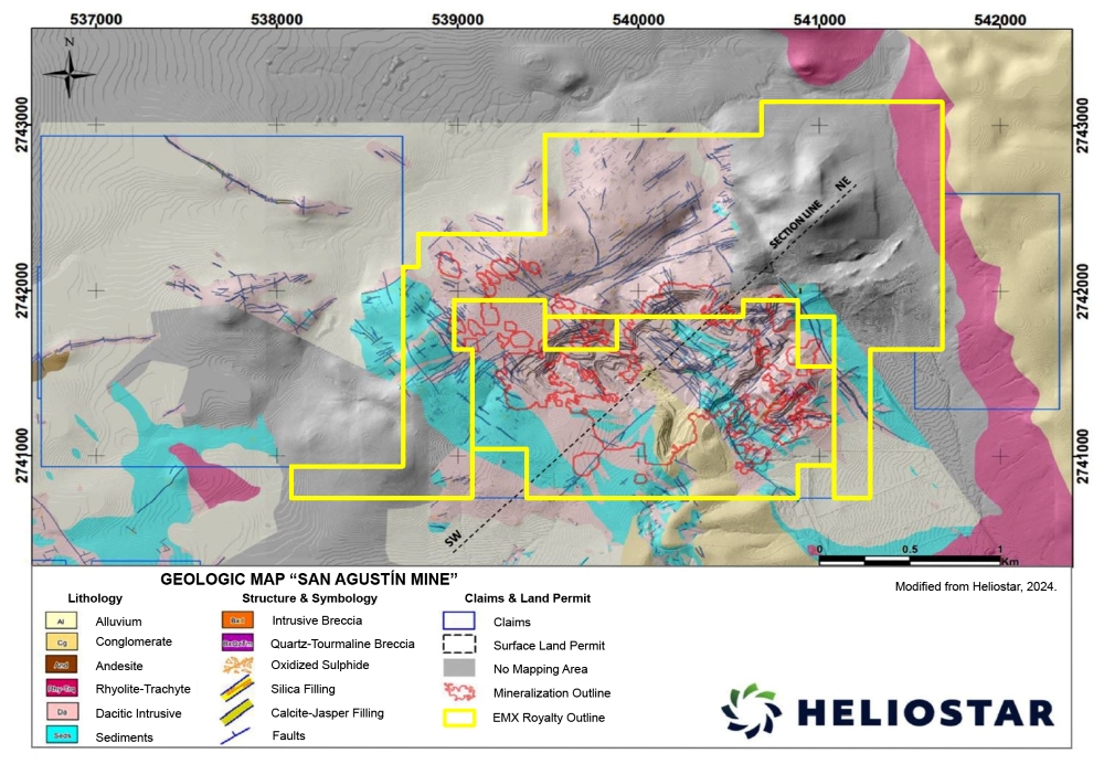 San Agustin project geology and EMX royalty outline