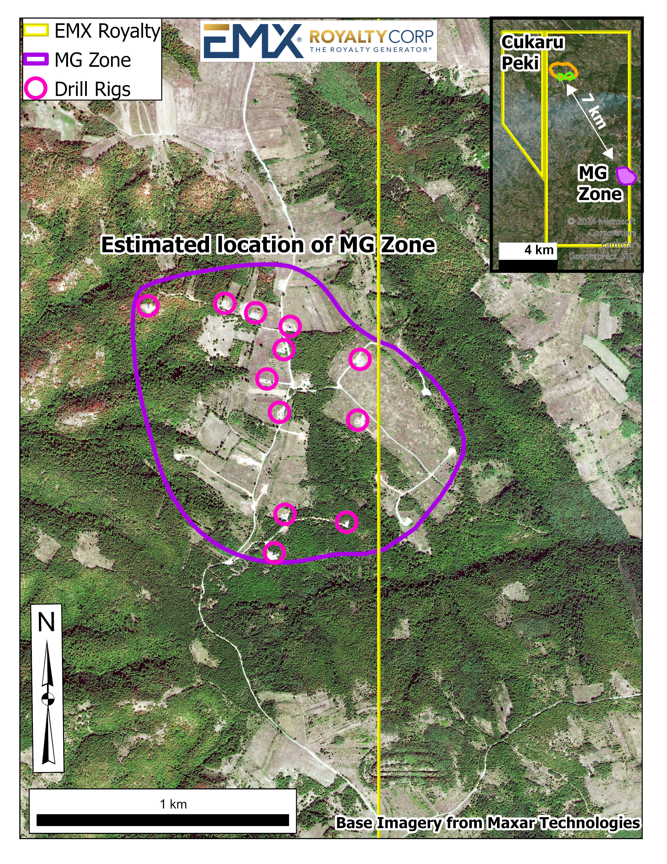 Newly acquired satellite image where multiple drill rigs are visible in the MG Zone within the EMX royalty footprint of 0.3625%. Image collected September 22, 2024.