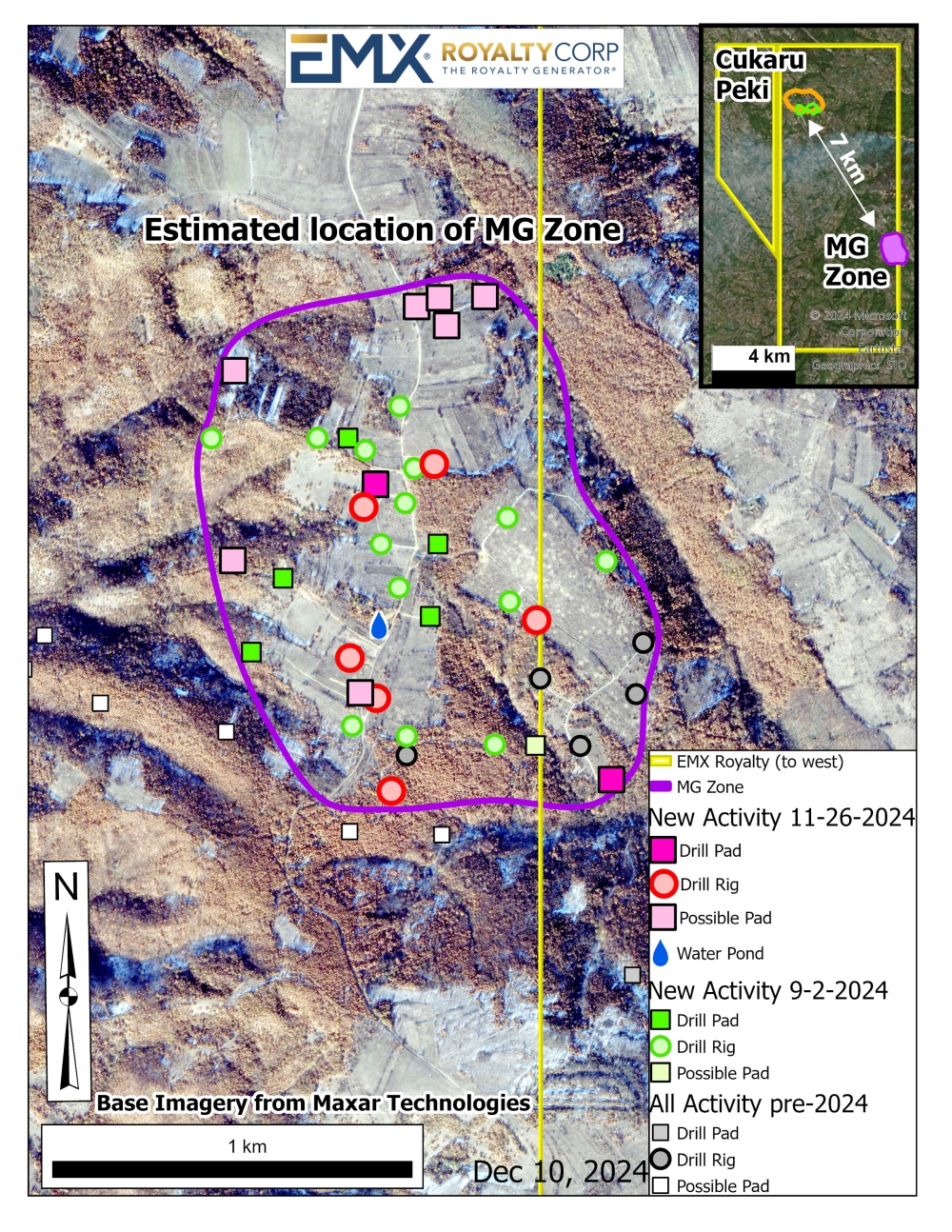 Newly acquired satellite image where multiple drill rigs are visible in the MG Zone within theEMX royalty footprint of 0.3625%. image collected november 26, 2024 & September 22, 2024.