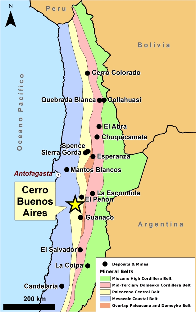 Chilean mineral belts and Cerro Buenos Aires location