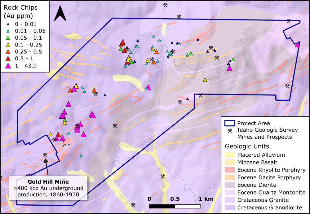 Geology and gold values from rock chip sampling at the Century project