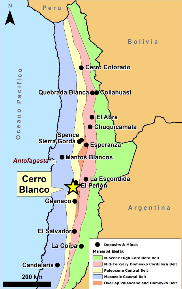 Chilean mineral belts and Cerro Blanco location