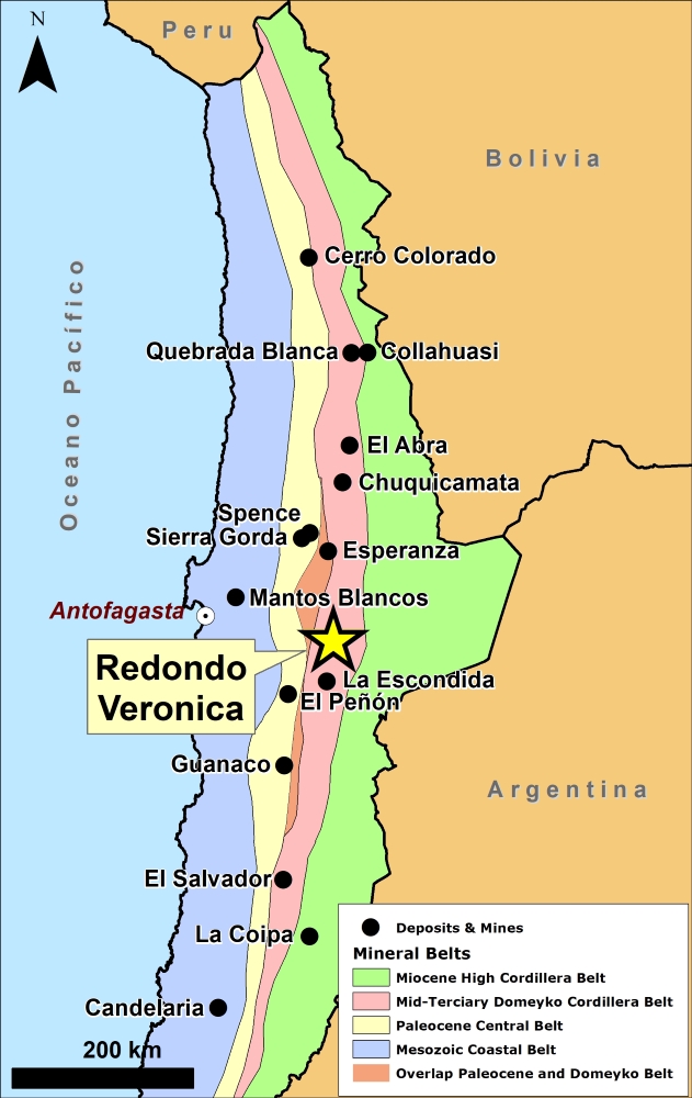 Chilean mineral belts and Redondo Veronica location