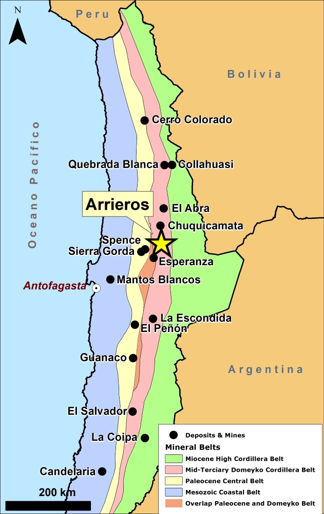 Chilean mineral belts and Arrieros location