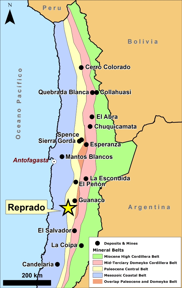 Chilean mineral belts and Reprado location