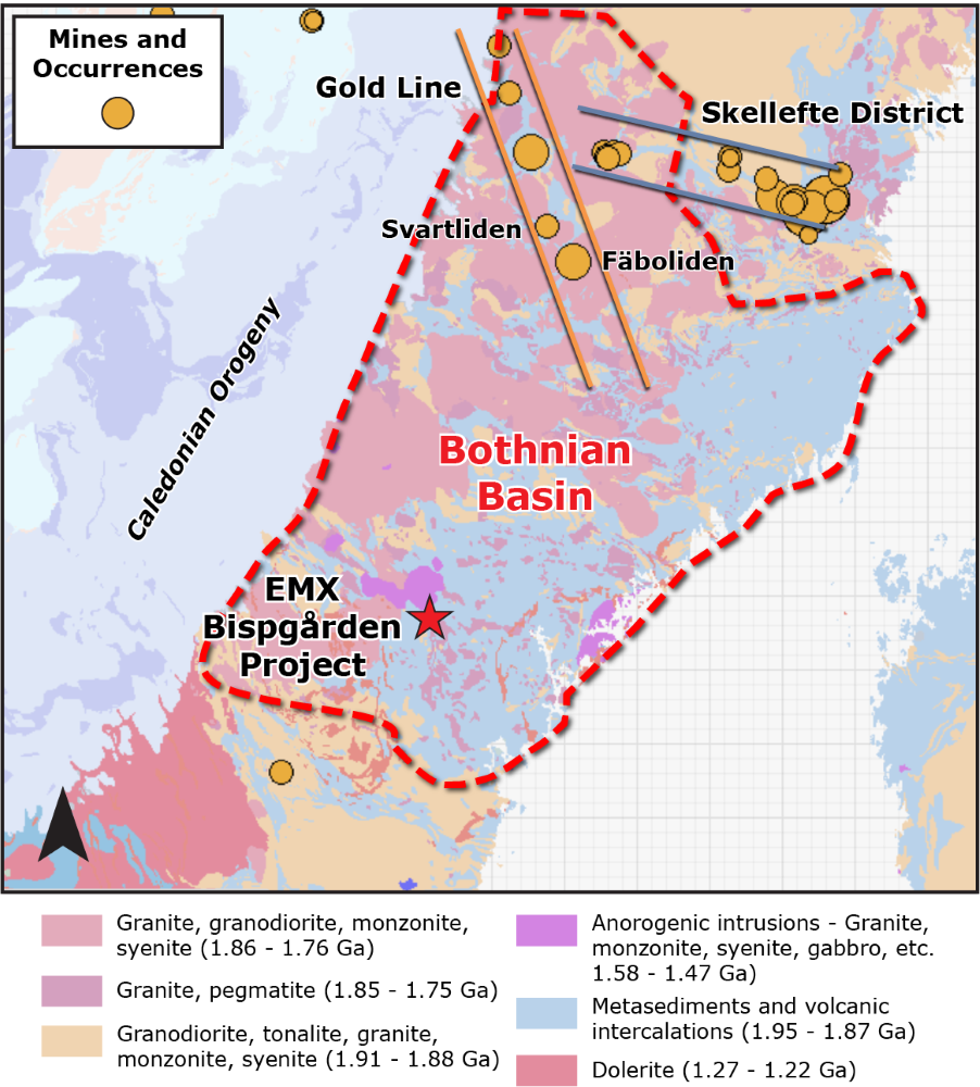 Geologic map of the Bothnian Basin showing the locations of the Bispgården Project, the Gold Line trend, and the Skellefte district.