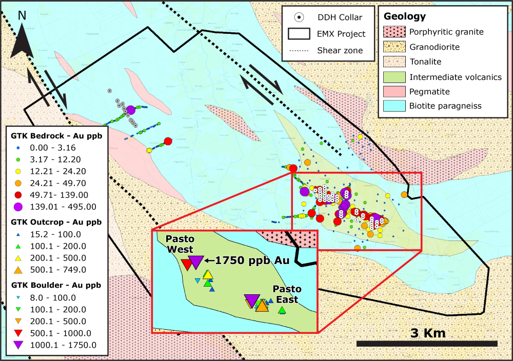 Historical GTK geochemical sampling at Pasto (1, 2 )