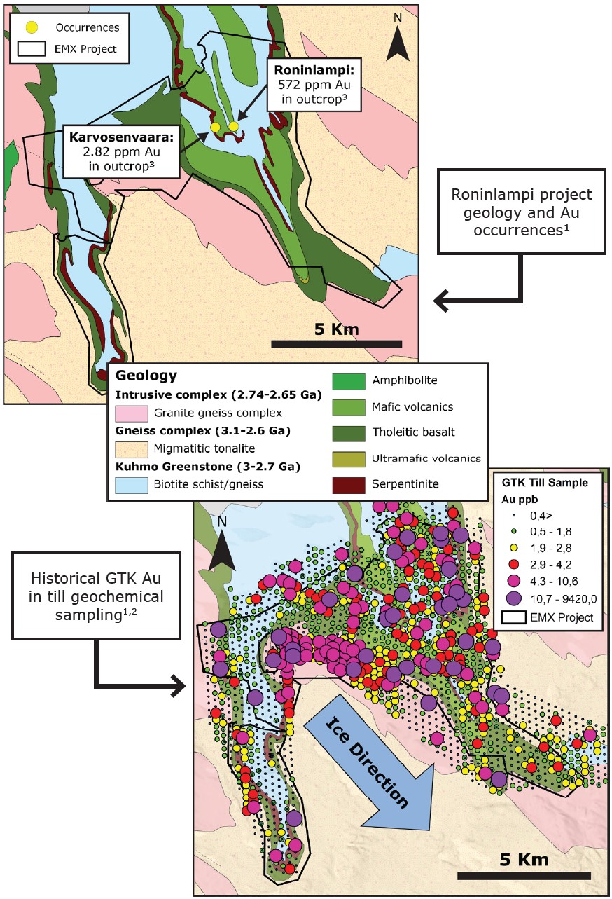 Top: Roninlampi project geology and Au occurrences (1); Bottom: Historical GTK Au in till geochemical sampling (1, 2)