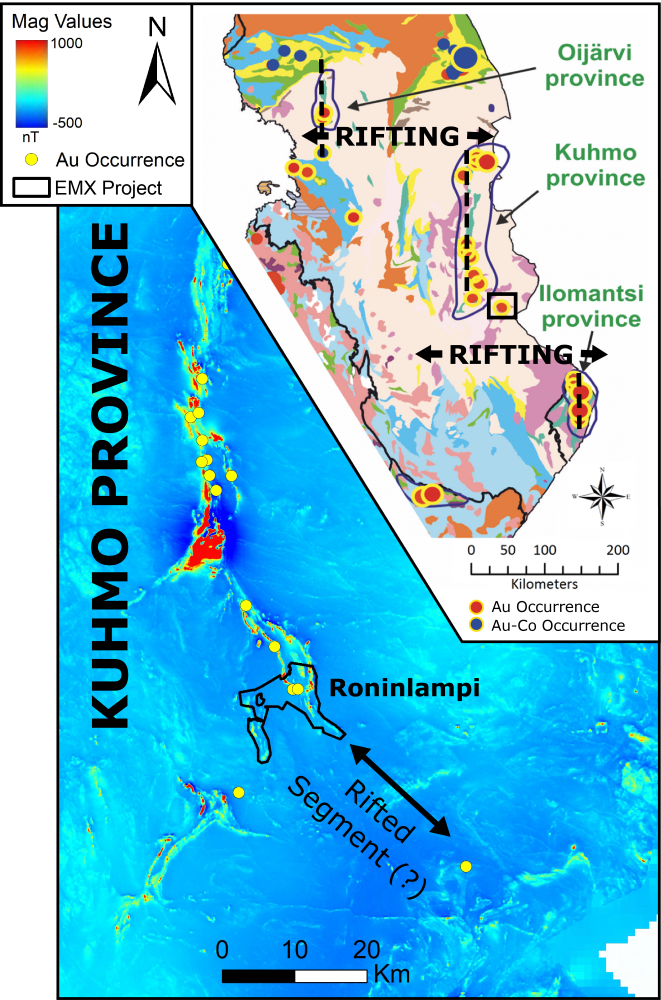 Kuhmo Province: Magnetics and Regional Setting (4) - Modified after GTK, 2020 - Timing of orogenic gold in the  Archean basement of the Karelian domain. Accessed at: https://minsysfin.gtk.fi/index.php/timing_of_orogenic_gold_in_the_archean_basement_of_the_karelian_domain/#:~:text=Orogenic%20gold%20deposits%20in%20the,Ilomantsi%2C%20Kuhmo%20and%20Oij%C3%A4rvi%20provinces