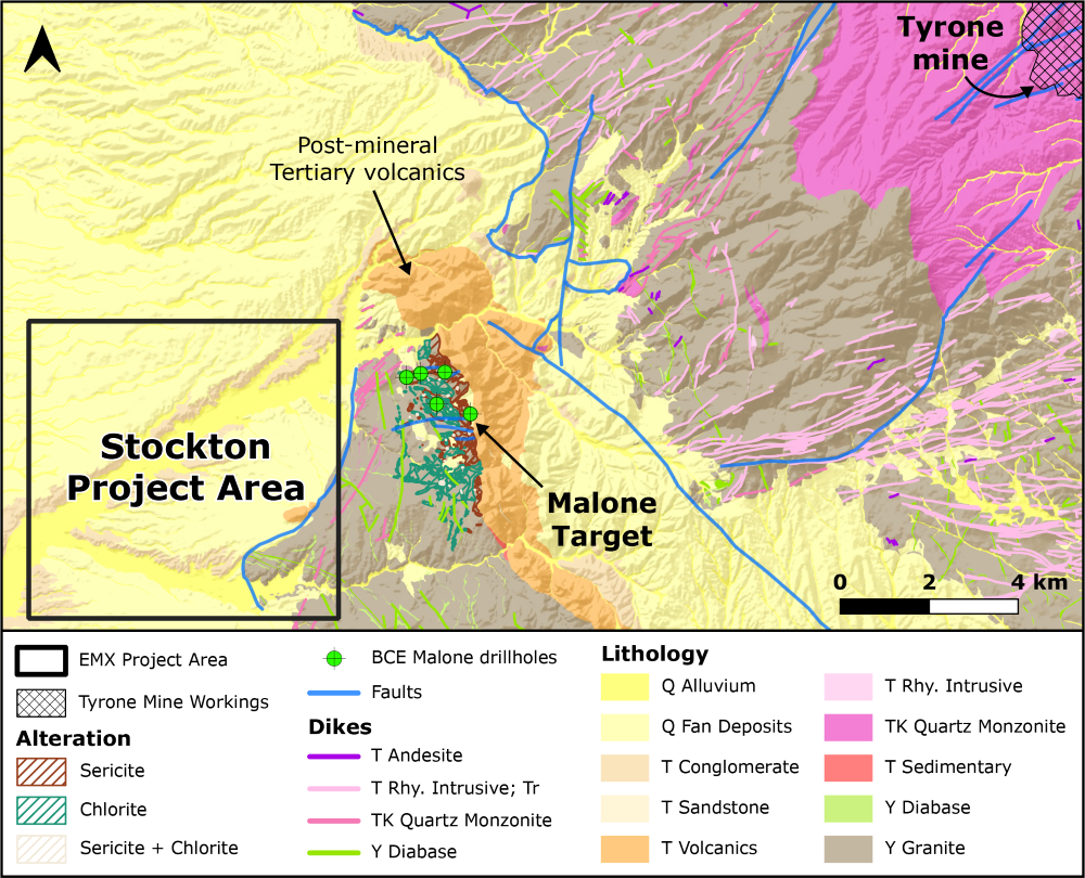 Map of geology, including locations of the Stockton Project, the previous Malone Target, and the nearby Tyrone Mine.